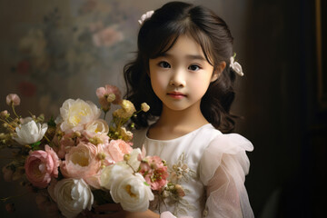 little asian girl in a beautiful festive dress holding a bouquet of flowers