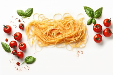 Top down view of fettuccine and spaghetti with pasta ingredients on a white background