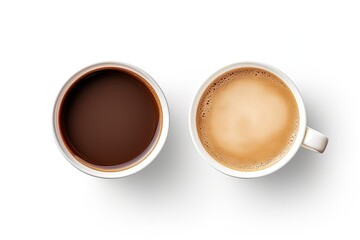 Top down view of two coffee cups positioned on white background - obrazy, fototapety, plakaty