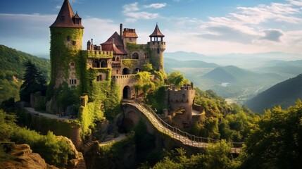 a centuries-old, ivy-covered castle perched on a hill, overlooking a charming, medieval village below - obrazy, fototapety, plakaty