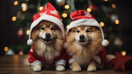 Fototapeta na wymiar golden retriever dog dress up in Christmas costumes at Christmas party.