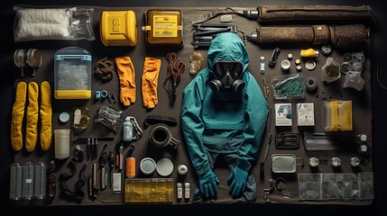 a chemical spill kit with all its components laid out - obrazy, fototapety, plakaty