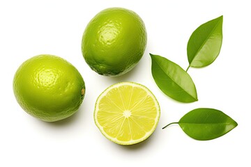 Lone lime slices Whole and sliced limes with leaves isolated on white background
