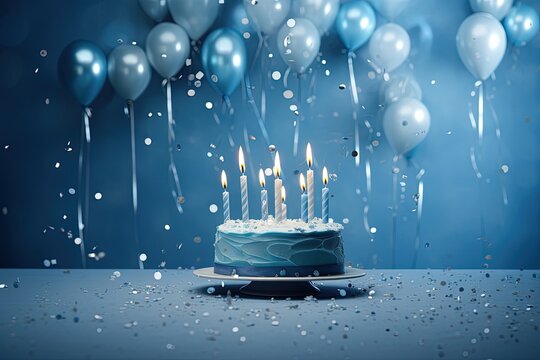 Lit candles on a light grey background for a Blue Birthday