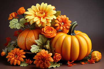 Naklejka na ściany i meble Pumpkins and flowers, concept of autumn, thanksgiving day