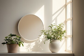 Mirror and plant by window in bright room