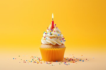 One candle and confetti on a yellow background a vibrant cupcake for a birthday celebration
