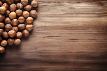 Organic Hazelnuts Wooden background Bulk Hazelnut kernels Space for text
