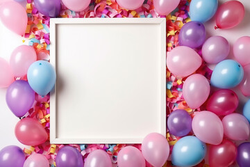 Frame and colored balloons, birthday or party mockup. Copy space for text