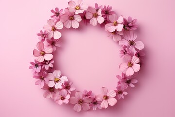 Pink flowers arranged in a wreath on a pink background photographed from above