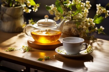 A Serene Moment Captured with a Hot Cup of Osmanthus Tea and a Traditional Chinese Tea Set Amidst Fresh Flowers