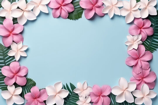 Frame with pink and white flower buds, flat lay, top view