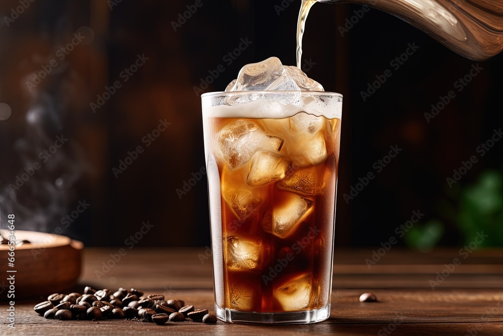 Canvas Prints Refreshing ice coffee with cream being poured onto a wooden table featured against a clean backdrop