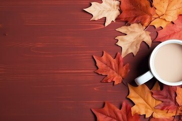 Red autumn leaves coffee cup and white headphones on flat lay composition Autumn podcast background and playlist concept