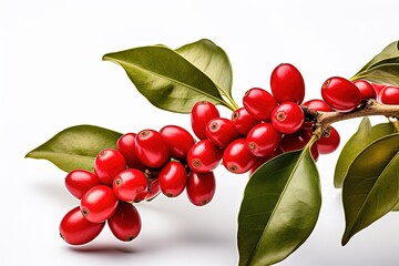 Red coffee beans on a coffee tree branch ripe and unripe berries isolated on white background