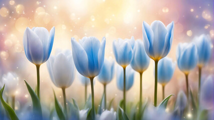Mixed white and blue tulip flowers.