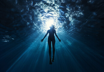 Portrait of a woman under water. Calm relaxation concept. Editorial concept.