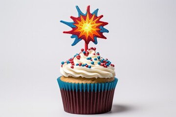 Superhero themed birthday cupcake with happy birthday cake pick
