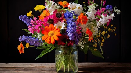 Wildflower elegance, colorful assortment, rustic charm, natural allure, freshly picked, handcrafted blooms, rustic centerpiece. Generated by AI.