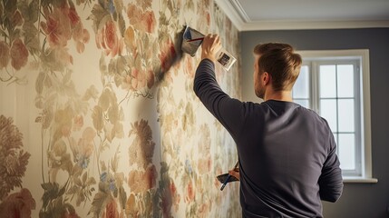 Skilled, precision, home improvement, renovation, interior decor, professional, wallpapering, attention to detail, craftsmanship, design enhancement, seamless application. Generated by AI.