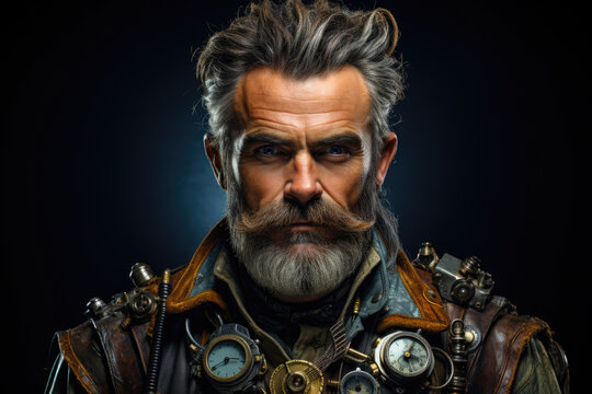 Portrait of a courageous steampunk man on a dark background