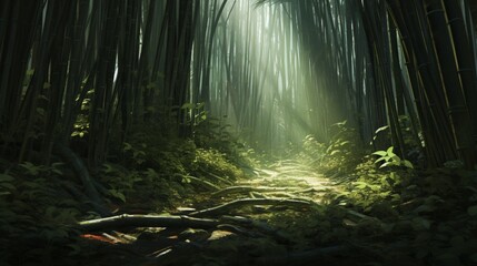 A dense forest of towering bamboo shoots, their slender forms reaching towards the sky. The bamboo...