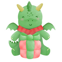 Watercolor picture of a cute little green dragon, hand painted watercolor painting