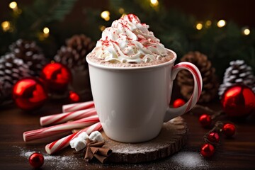 Indulge in the warmth of a beautifully presented peppermint hot cocoa mug captured in a close-up shot - obrazy, fototapety, plakaty