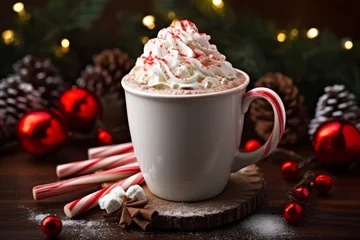 Fototapeten Indulge in the warmth of a beautifully presented peppermint hot cocoa mug captured in a close-up shot © aicandy