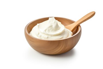 Wooden bowl and spoon containing sour cream mayonnaise and yogurt isolated on a white background with a full depth of field No words are used directly from - obrazy, fototapety, plakaty