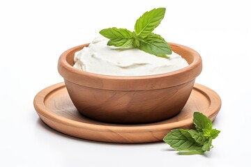 Wooden bowl with sour cream yogurt and basil leaves isolated on white background