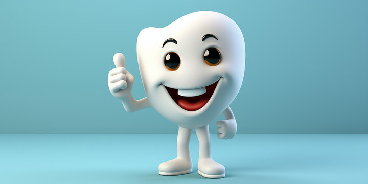 Lachender lustiger Smiley Kopf in Zahnform und gro&szlig;en Augen in wei&szlig; Cartoon in Querformat als Banner, ai generativ