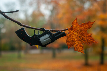 A child's gun and an autumn leaf, an image of autumn depression