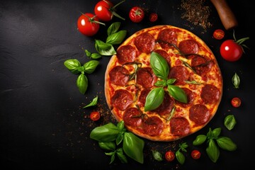 Top view of a delicious pepperoni pizza with tomatoes basil and various cooking ingredients on a black concrete background