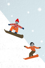 Vertical collage image of two funky black white effect people ride snowboard down hill snowy mountains isolated on creative background
