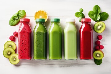 Top view of fresh green and red Smoothie bottles on white wooden background promoting superfoods...