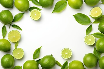 Top view of fresh limes with green leaves on a white frame