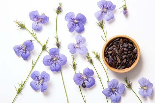 Top view of common flax on a white background with space for text