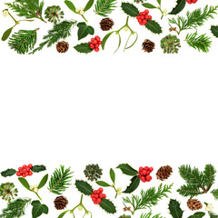 Traditional Christmas winter holly mistletoe and greenery background border on white, Festive design for greeting card, label, gift tag, invitation, menu.