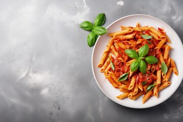 Top view of penne pasta with tomato in red sauce on white plate over light grey slate stone or concrete background Copy space available - obrazy, fototapety, plakaty