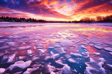 frozen lake at sunset. Generative Ai
