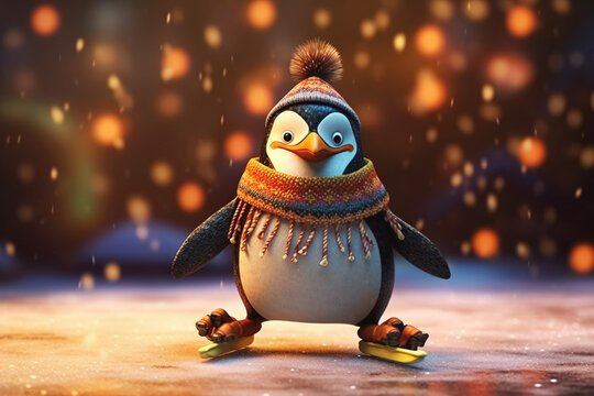 cute cartoon penguin is skating, Merry Christmas card. Generative Ai