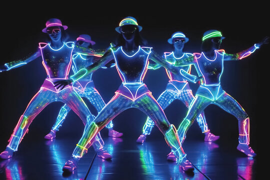 dancers in illuminated neon costumes. Generative Ai