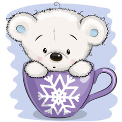 Cartoon White Teddy bear is sitting in a Cup with snowflake print