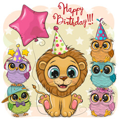 Cute Lion and owls with balloon and bonnets