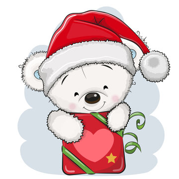 Cute Cartoon Teddy Bear in a Santa hat with gift