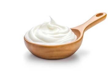 White background isolated objects sour cream mayonnaise yogurt in wooden spoon - obrazy, fototapety, plakaty