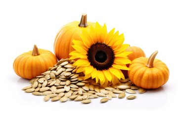 White background with pumpkin and sunflower seeds - obrazy, fototapety, plakaty