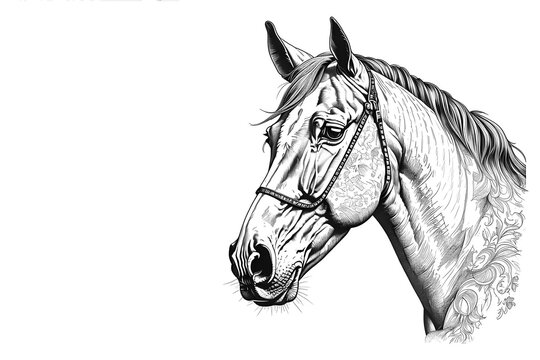Black and white drawing of a horse head.