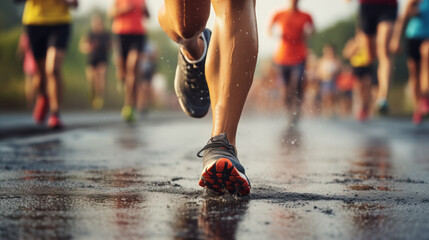 Photo of a runner pushing through the final stretch towards the finish line, sweat dripping - obrazy, fototapety, plakaty